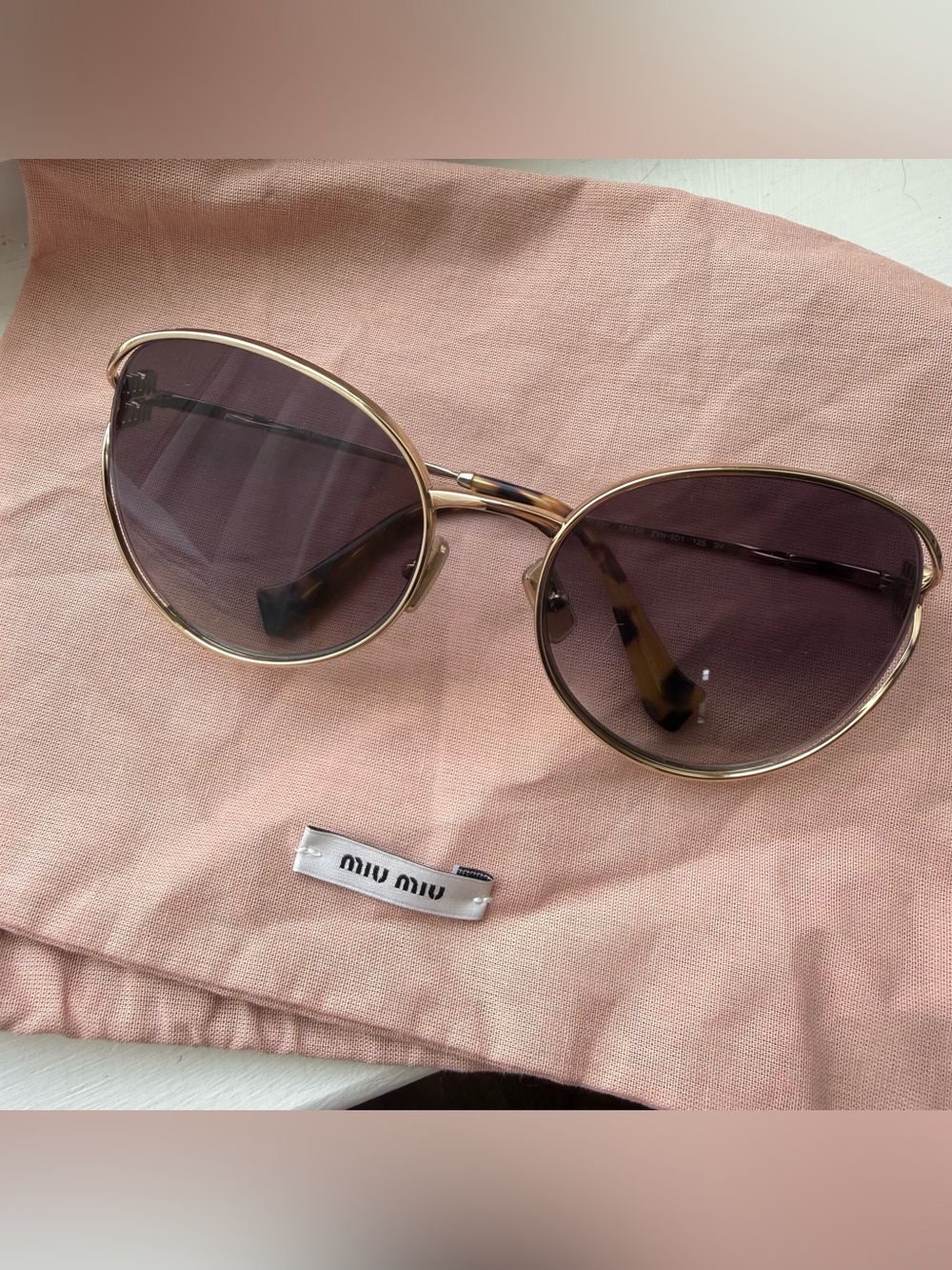 Miu Miu Gold Frame Sunglasses with Pink-Brown Lenses and Tortoiseshell Temples